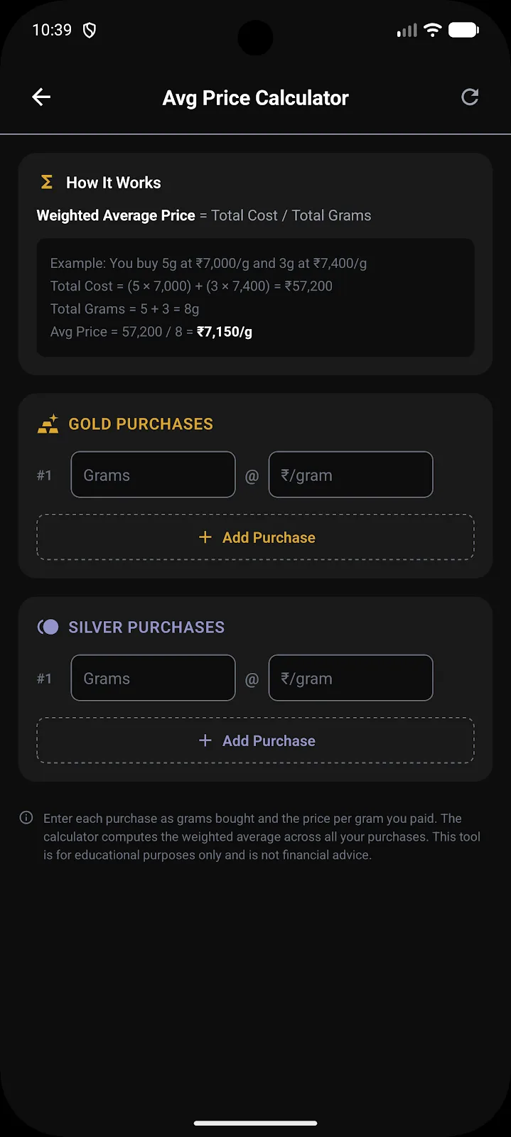 Average price calculator with gold and silver purchases