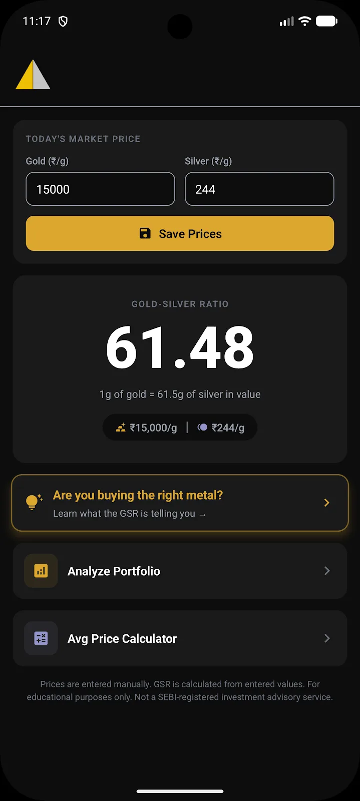 GSR Calculator home screen showing a Gold–Silver Ratio of 61.48