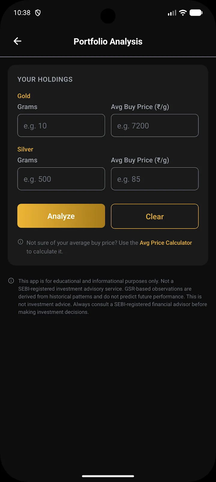 Portfolio analysis screen with gold and silver holdings