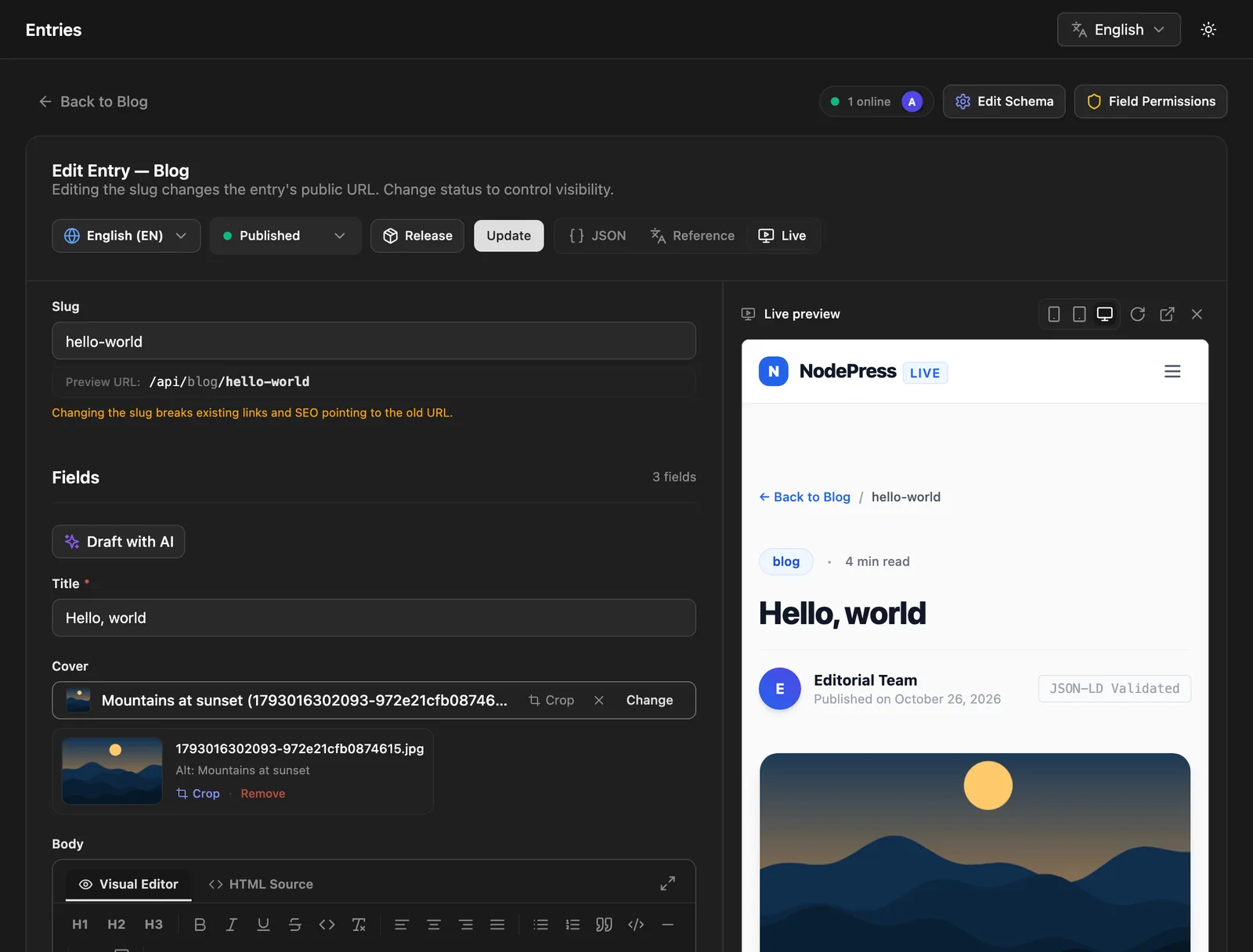 NodePress entry editor with the live preview pane