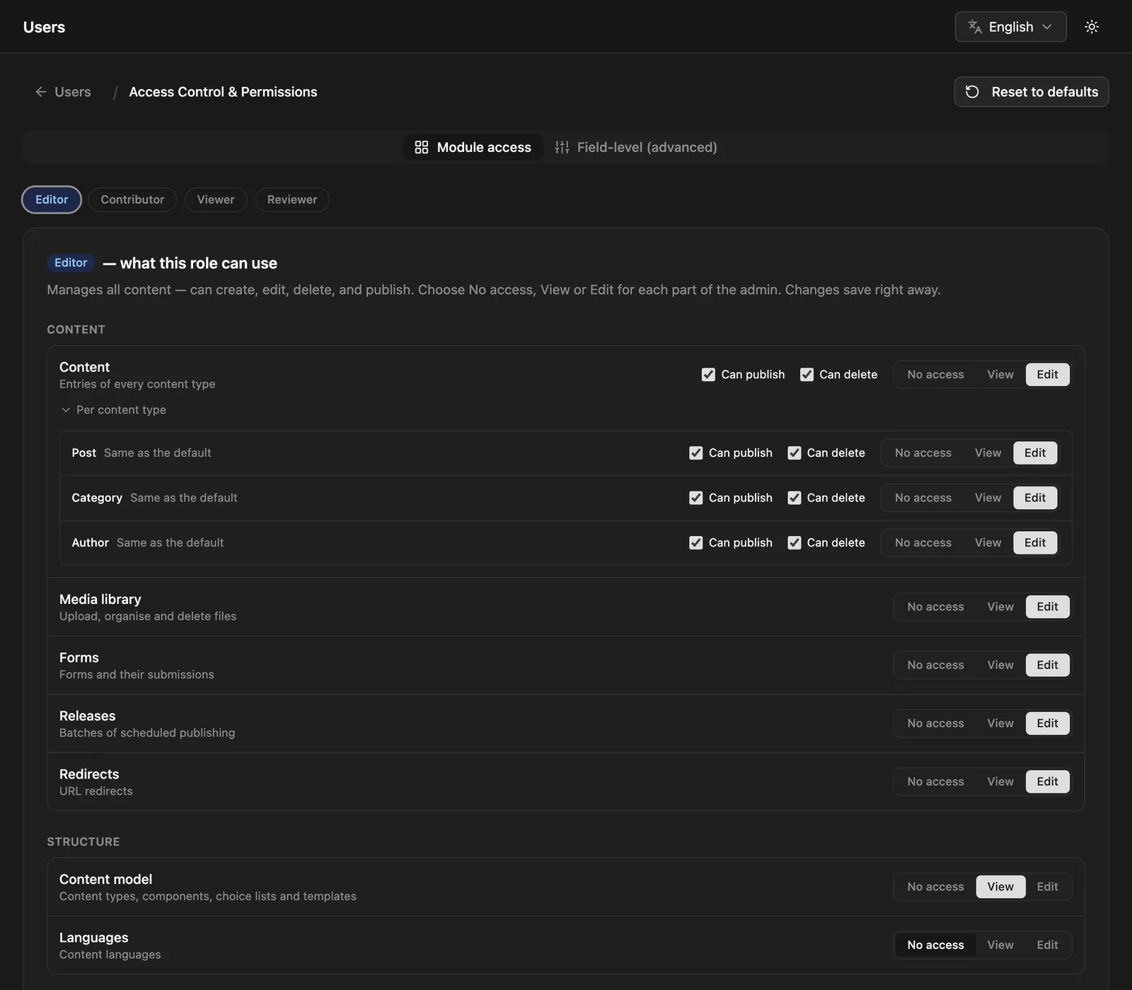 Module access per role on the permissions page
