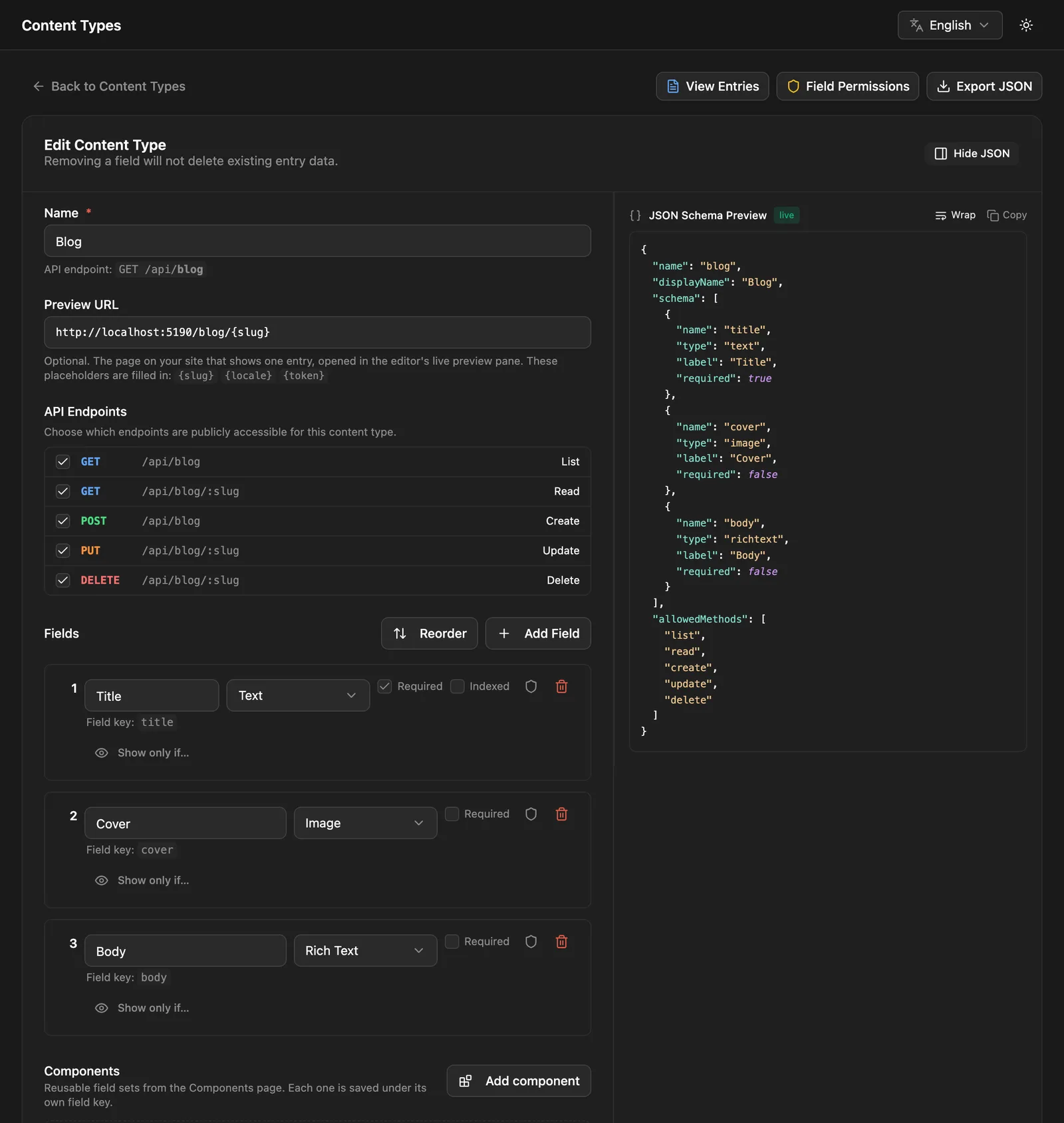 Content type editor with fields and the live JSON schema